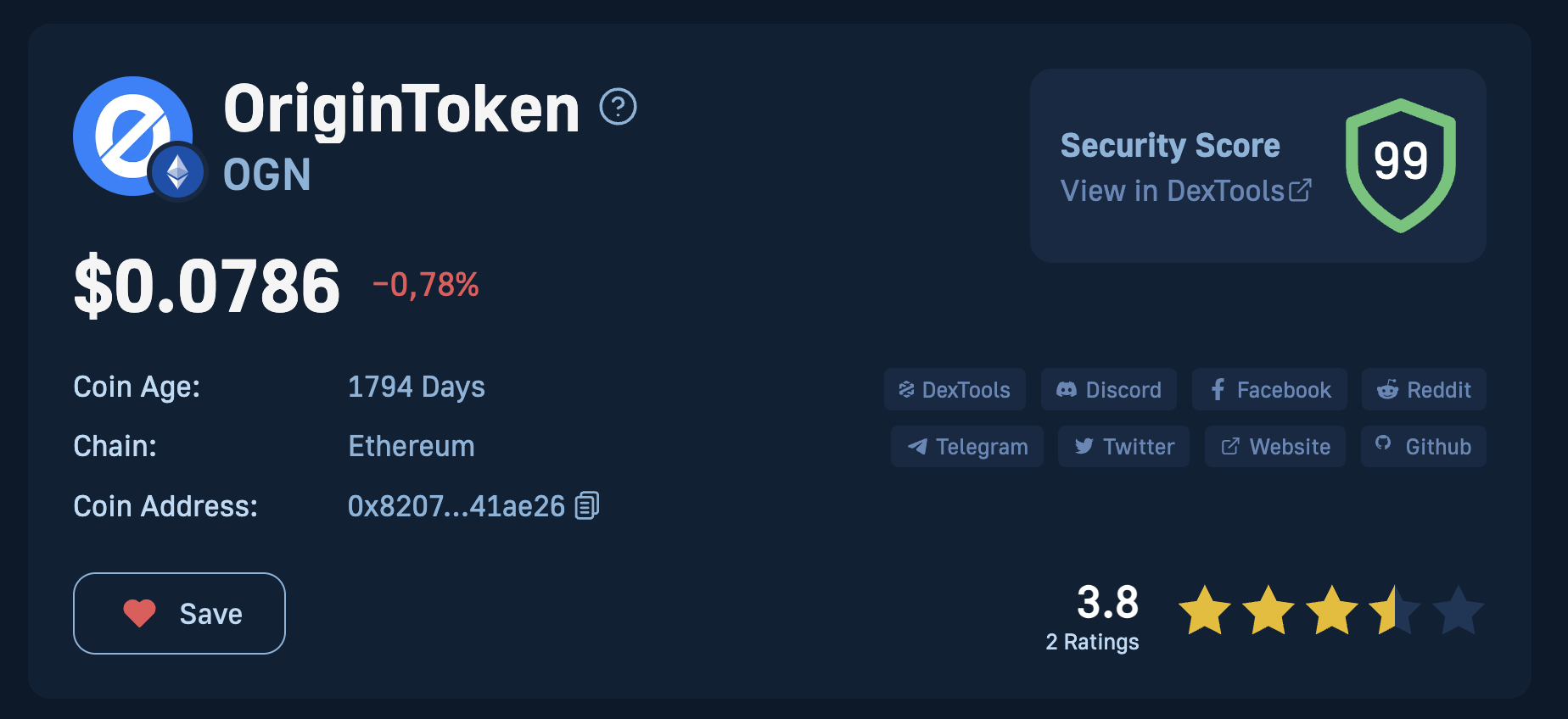 Origin Protocol coin token page with tokenomics outlined on Moralis Money