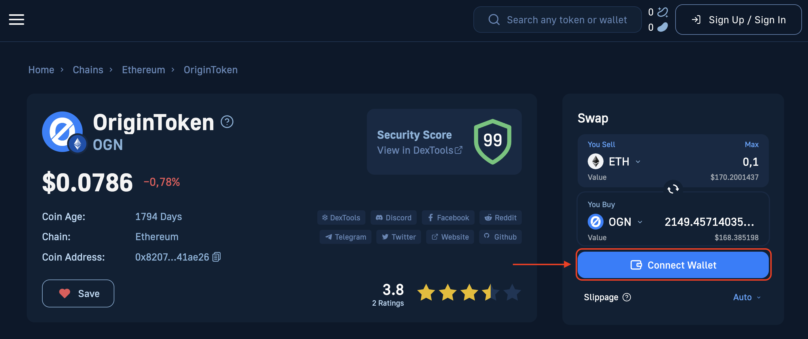 Step 1 on how to buy the OGN token: go to the OGN coin page and click on the Connect Wallet button