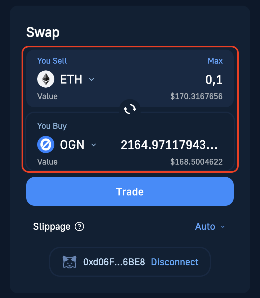 Step 2, select your token pair with one being the OGN coin